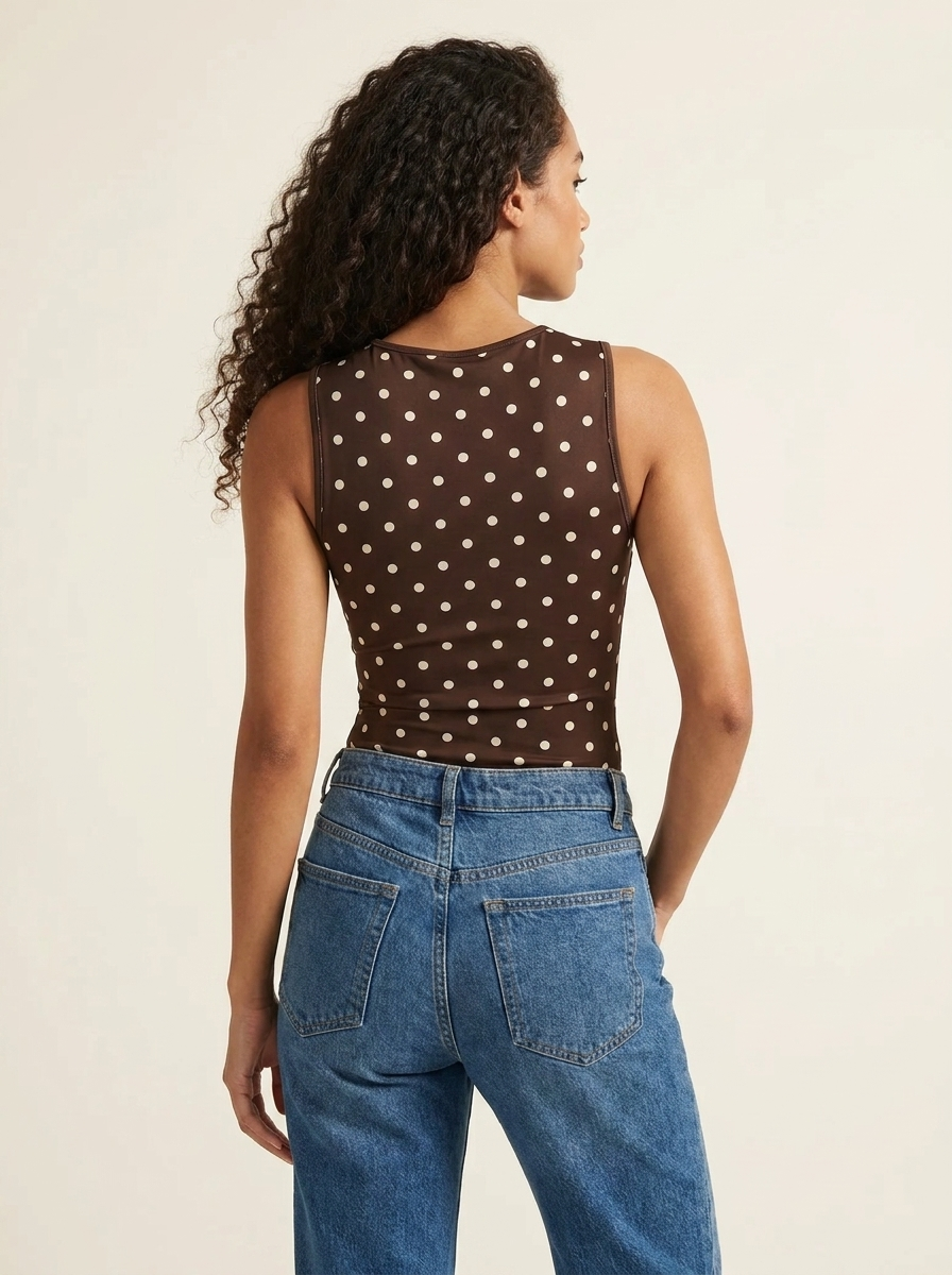 Polka Dot Cowl Bodysuit Coffee Brown back tucked