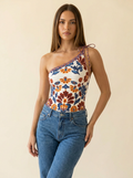 Floral One-Shoulder Bodysuit Burgundy front tucked