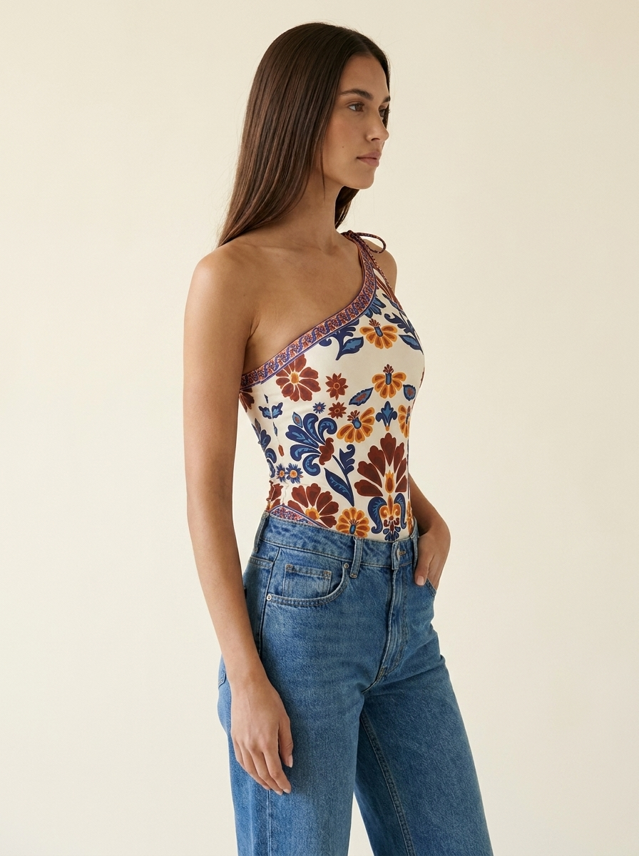 Floral One-Shoulder Bodysuit Burgundy side