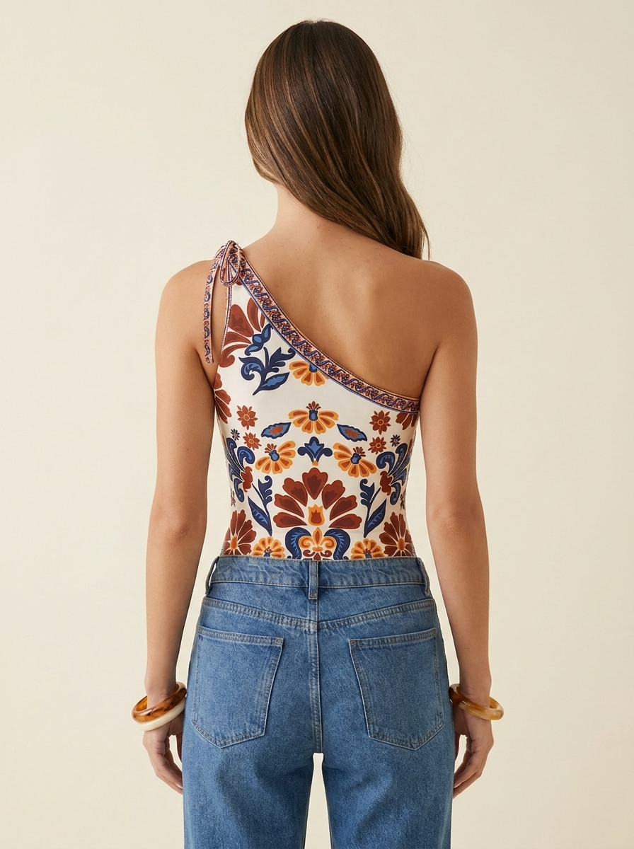 Floral One-Shoulder Bodysuit Burgundy back tucked