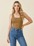 Square Neck Bodysuit Camel front tucked