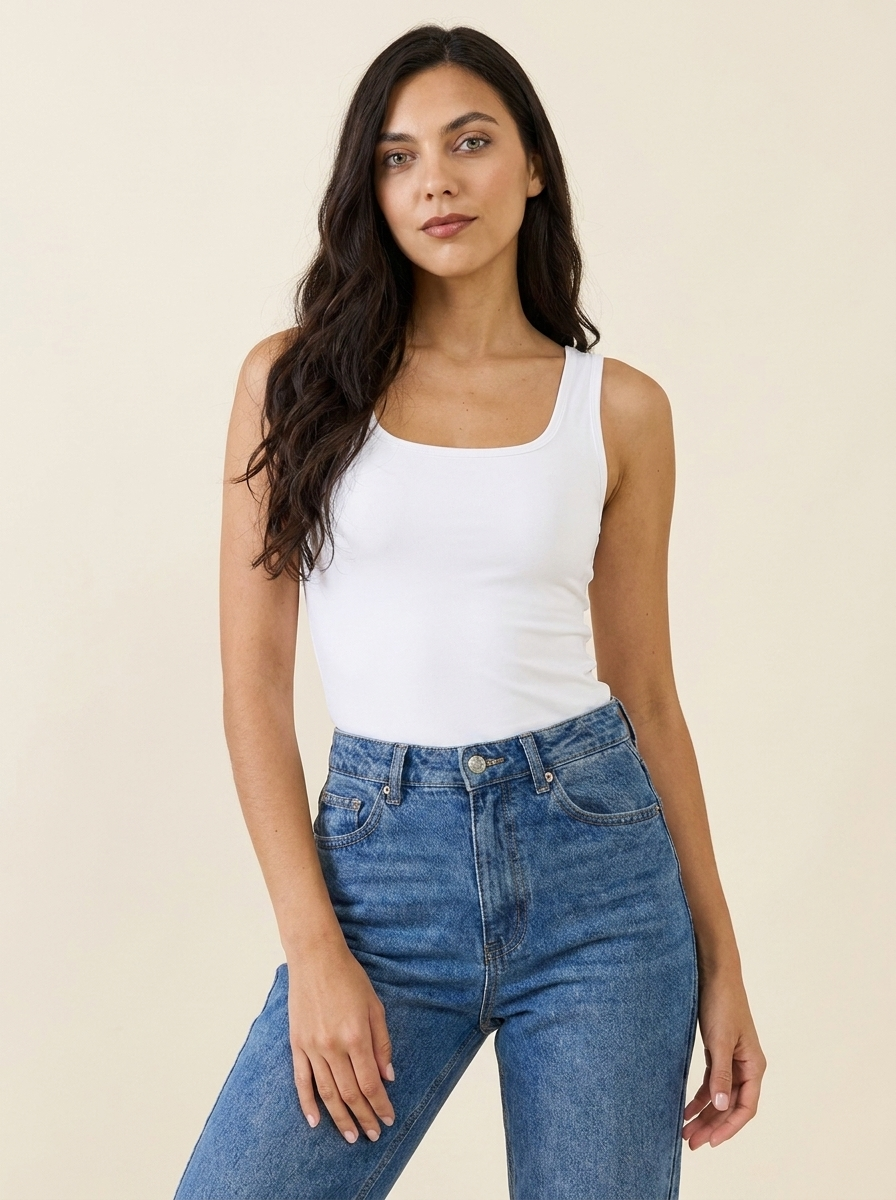 Square Neck Bodysuit White front tucked