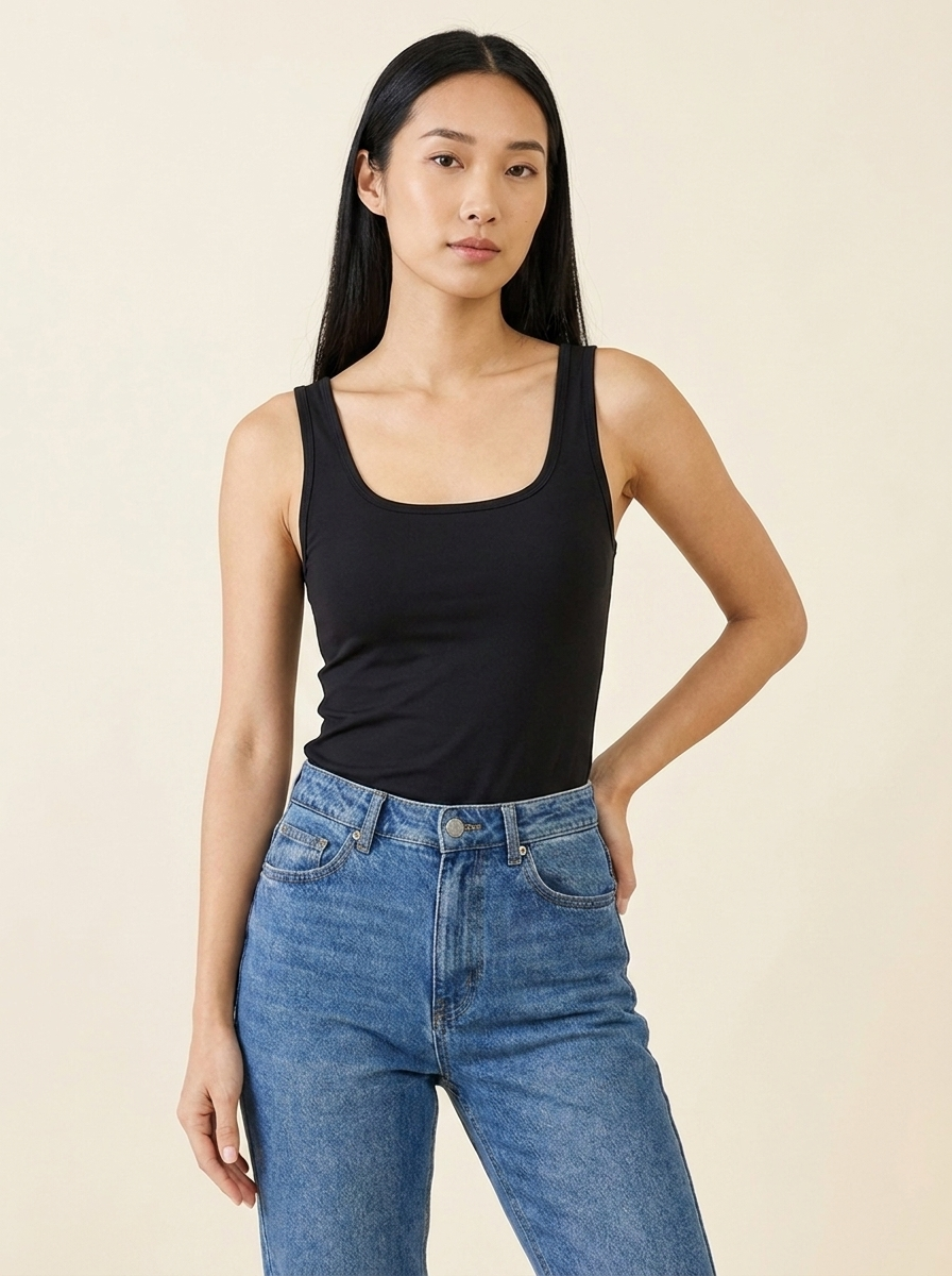 Square Neck Bodysuit Black front tucked