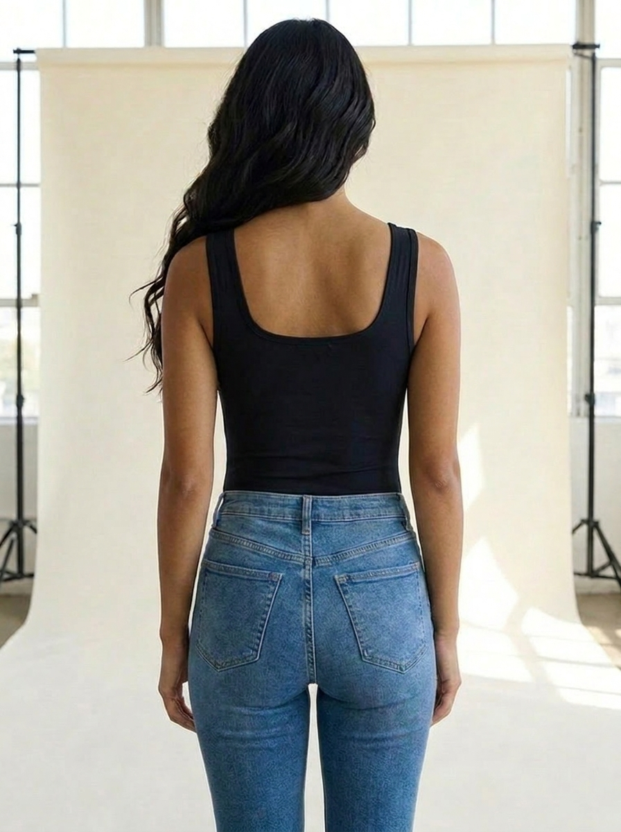 Square Neck Bodysuit Black back tucked
