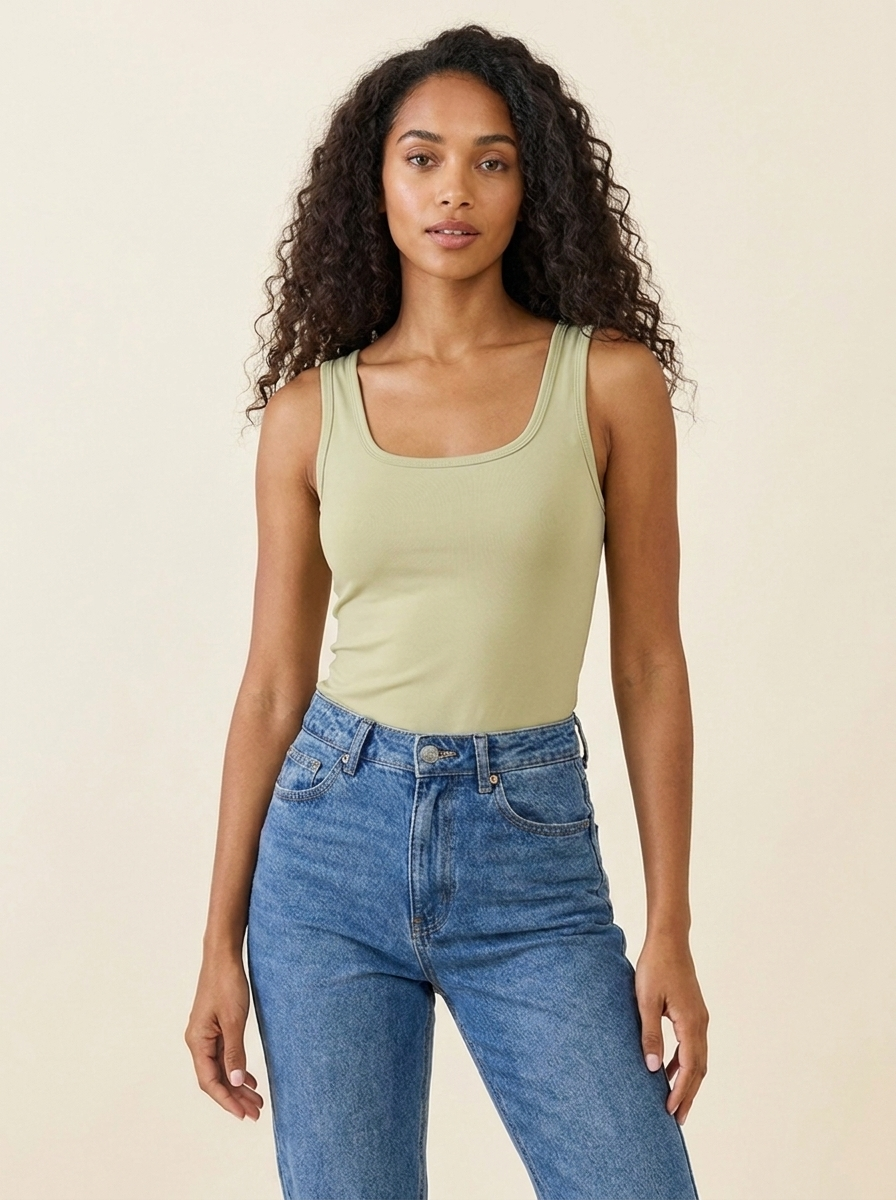 Square Neck Bodysuit Beige front tucked