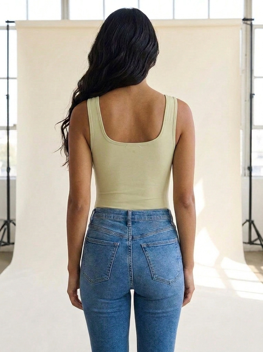 Square Neck Bodysuit Beige back tucked