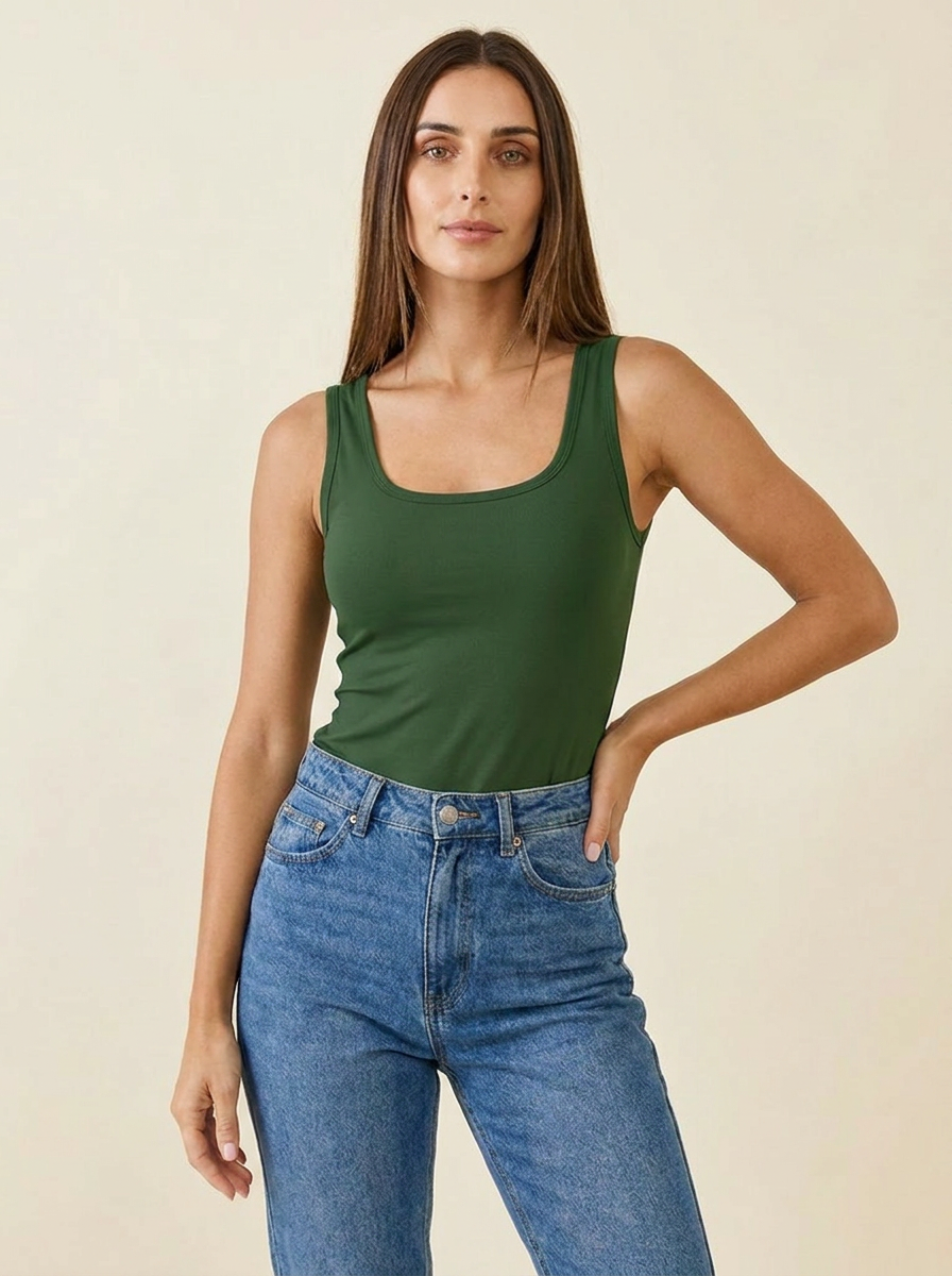 Square Neck Bodysuit Dark Green front tucked
