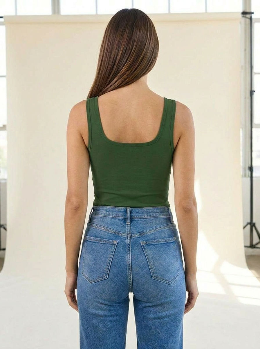 Square Neck Bodysuit Dark Green back tucked