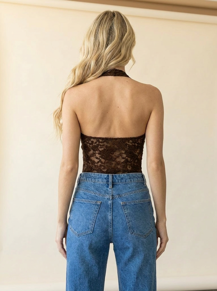 Lace Halter Bodysuit Brown back tucked