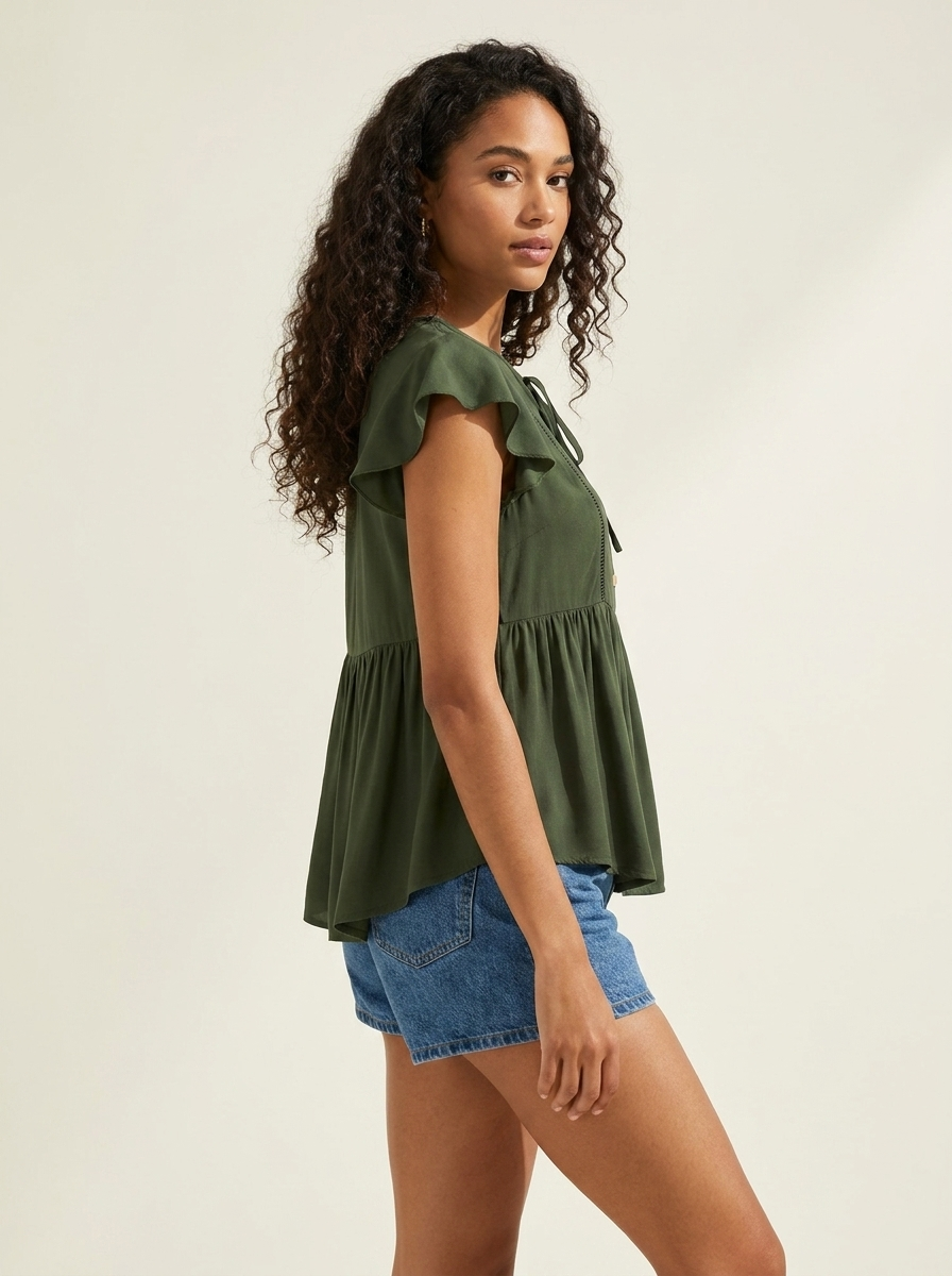 Tie Neck Babydoll Top Sage side