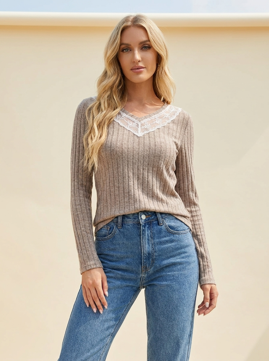 Lace V-Neck Ribbed Top Mocha front