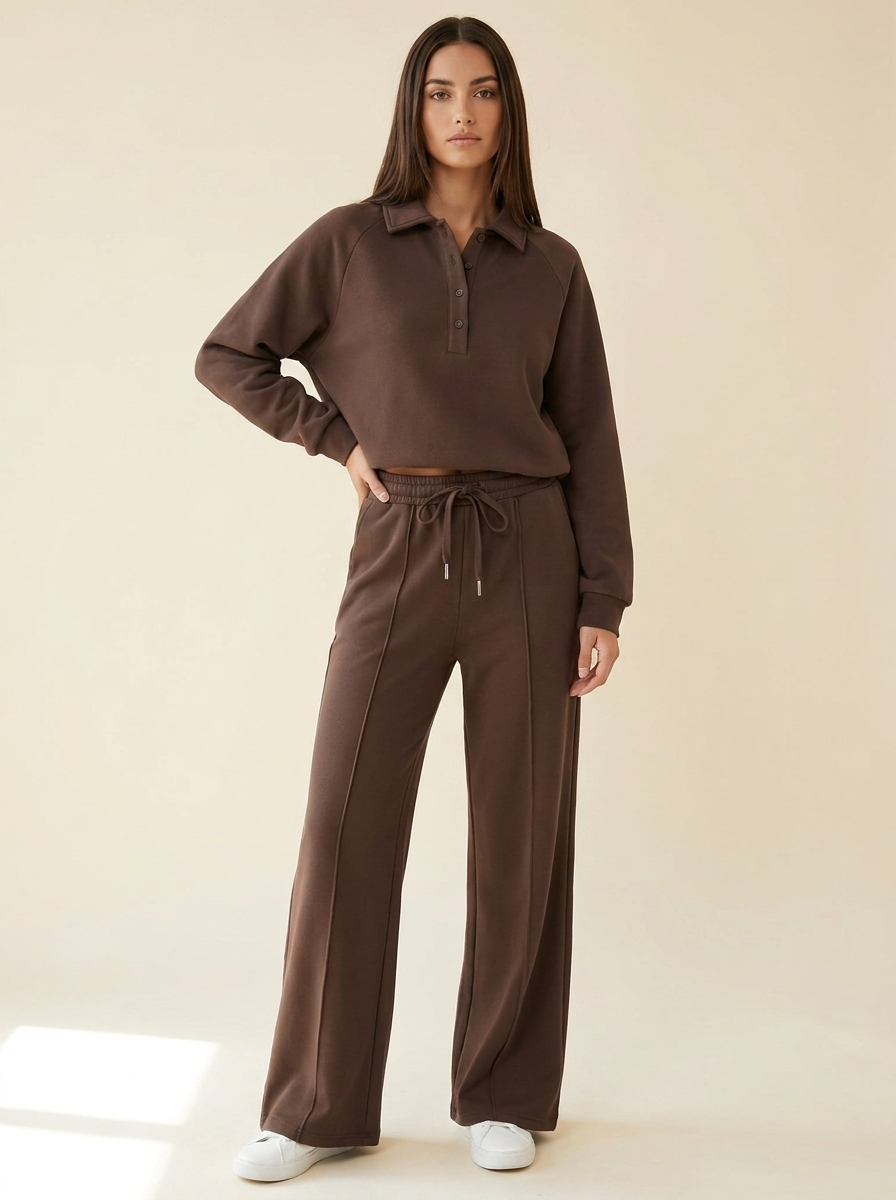 CleanGirlStore Collared Sweatshirt Set - Brown - Front