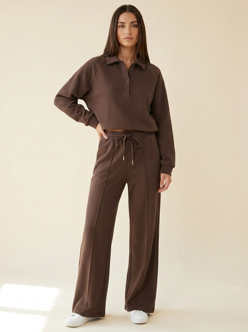 CleanGirlStore Collared Sweatshirt Set - Brown - Front
