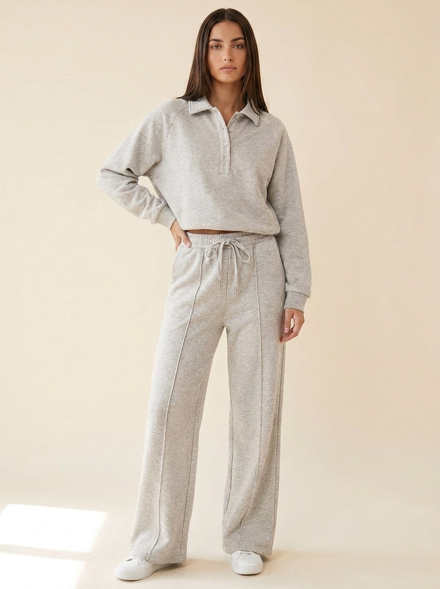 CleanGirlStore Collared Sweatshirt Set - Light Gray - Front
