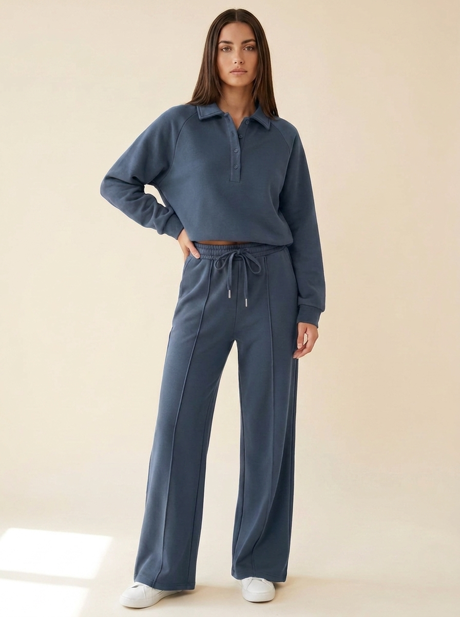 CleanGirlStore Collared Sweatshirt Set - Dusty Blue - Front