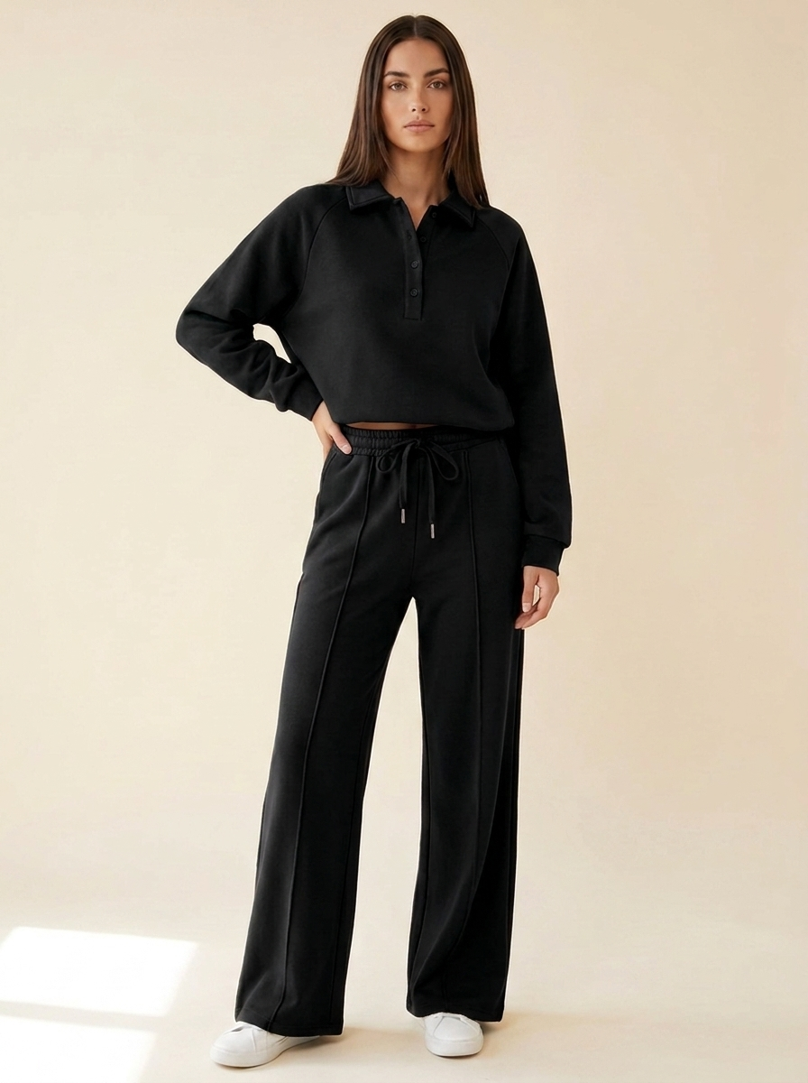 CleanGirlStore Collared Sweatshirt Set - Black - Front