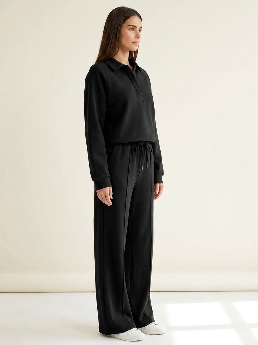CleanGirlStore Collared Sweatshirt Set - Black - Side