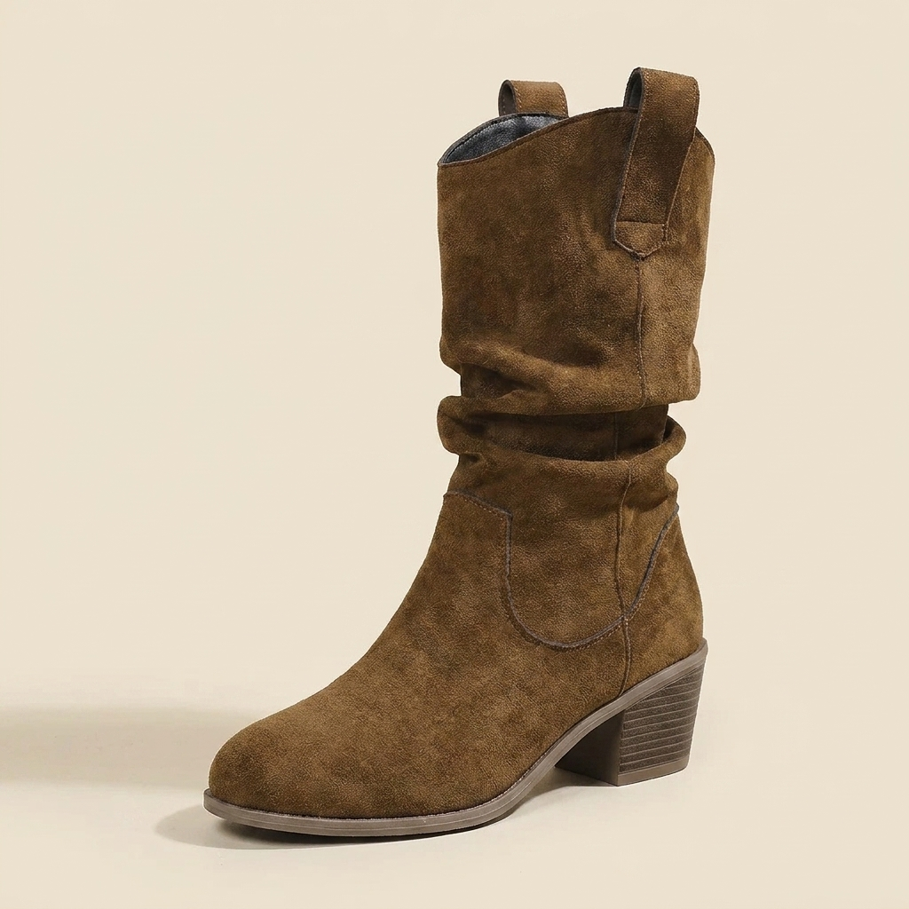 CleanGirlStore Suede Block Heels Boots - Dark Brown - Single Front