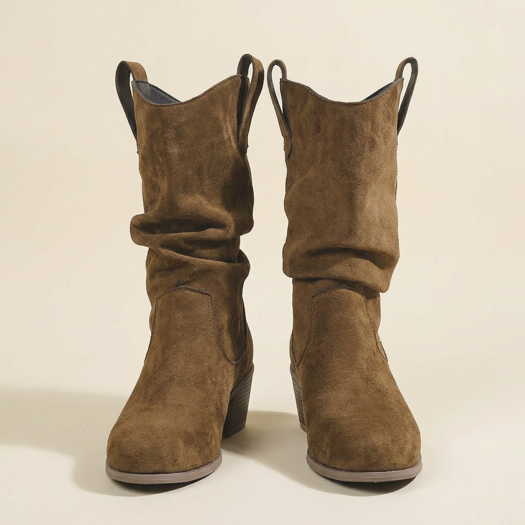 CleanGirlStore Suede Block Heels Boots - Dark Brown - Pair Front