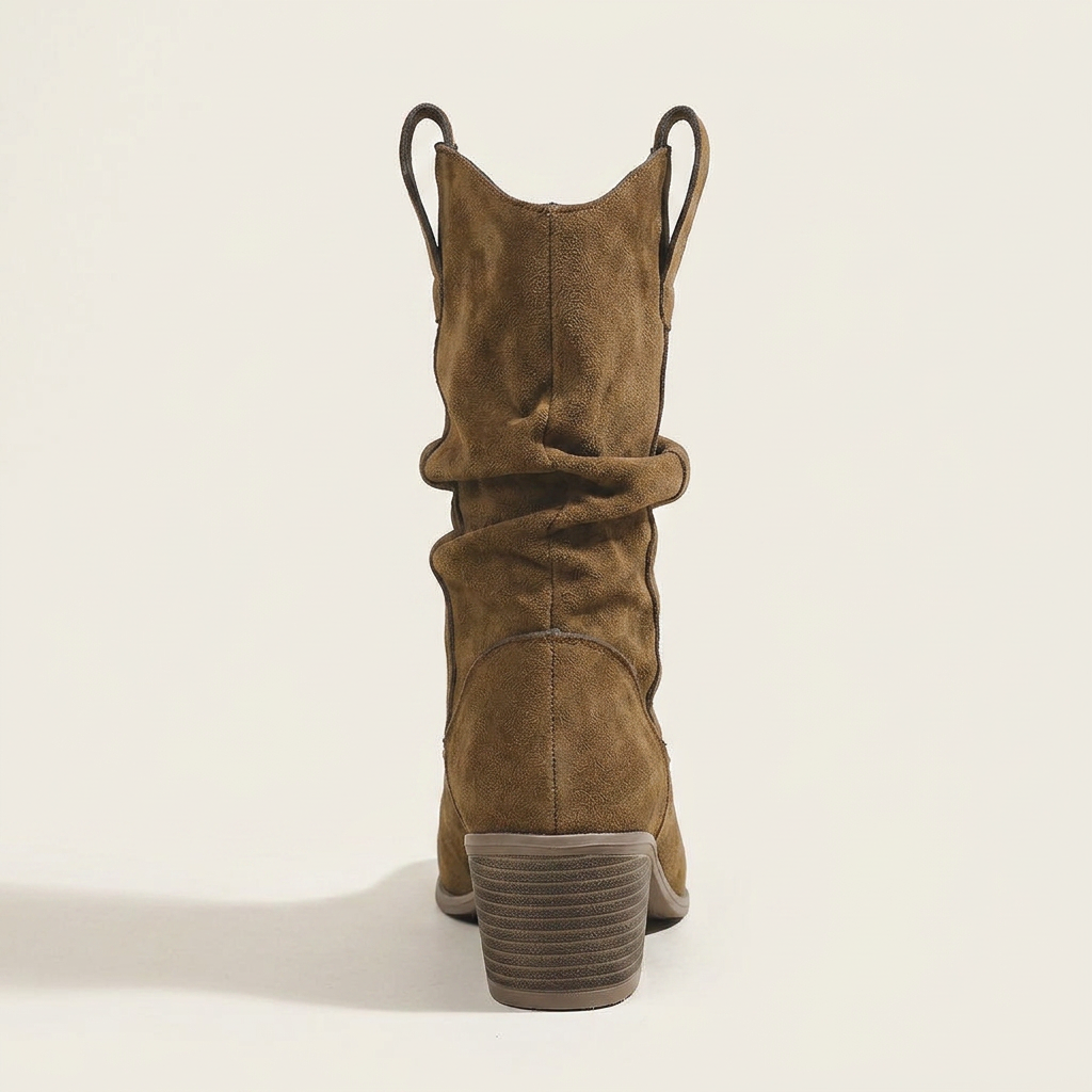 CleanGirlStore Suede Block Heels Boots - Dark Brown - Back