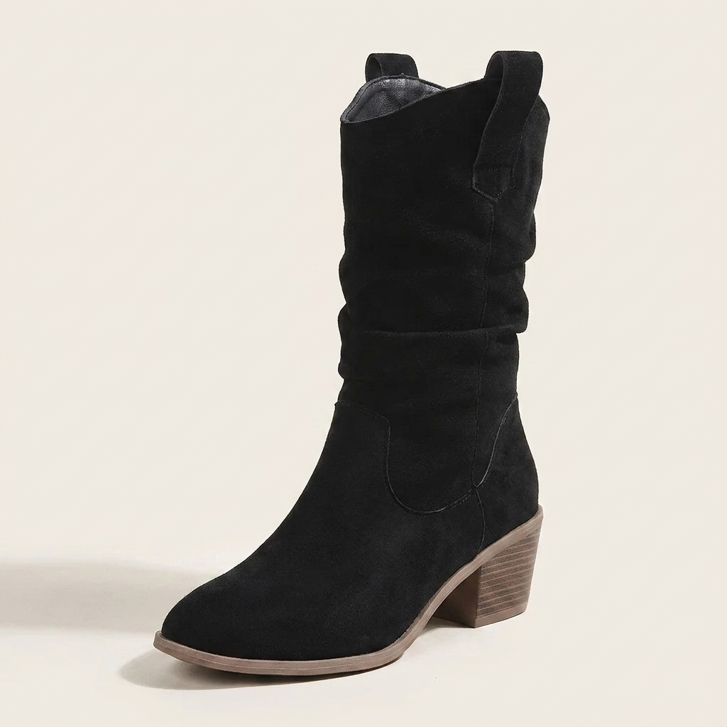 CleanGirlStore Suede Block Heels Boots - Black - Single Front