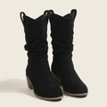 CleanGirlStore Suede Block Heels Boots - Black - Pair Front