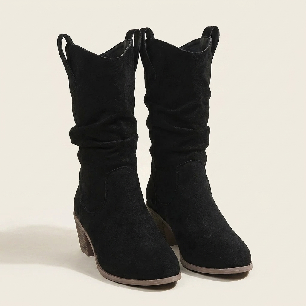 CleanGirlStore Suede Block Heels Boots - Black - Pair Front