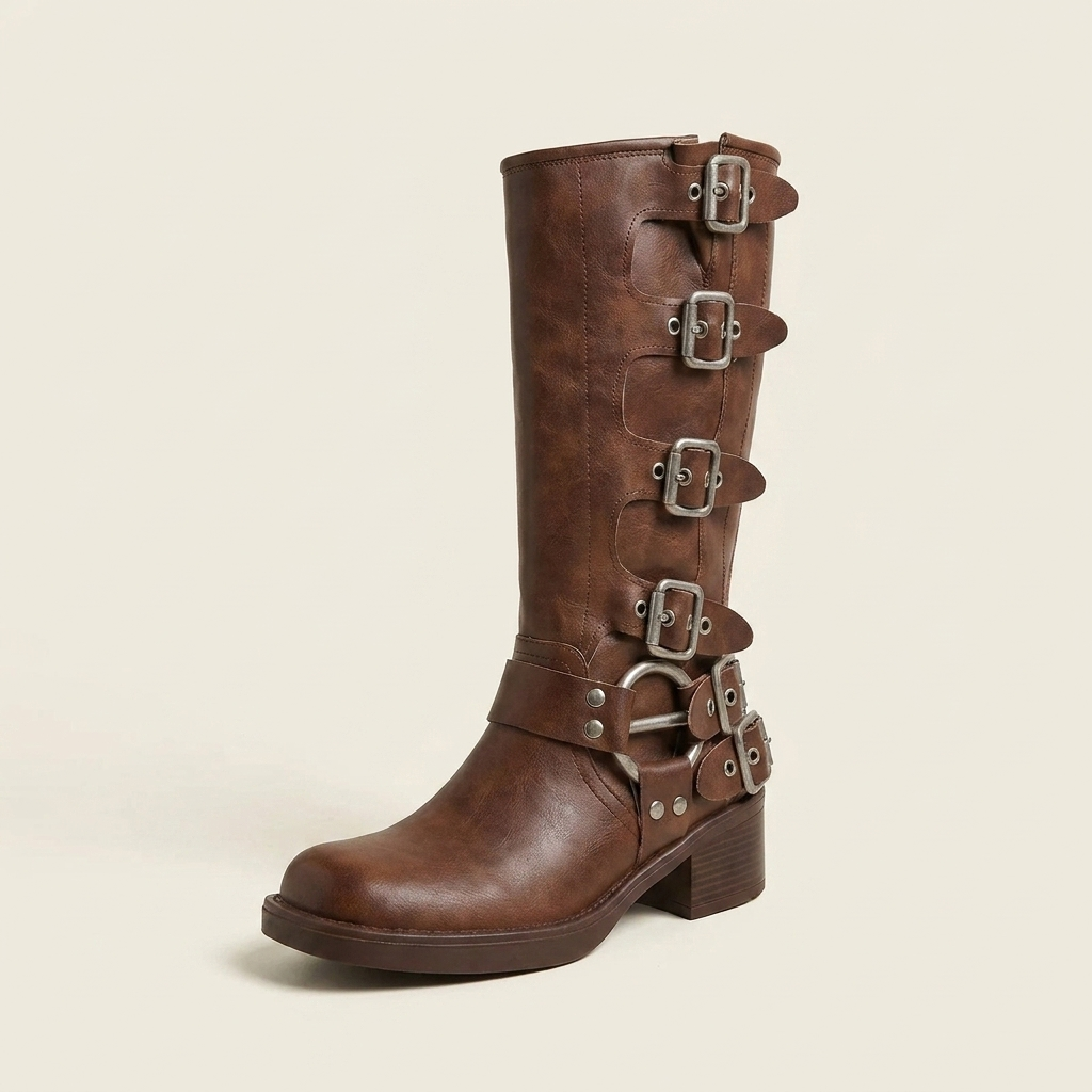 CleanGirlStore Round Toe Block Heels Boots - Brown - Single Front