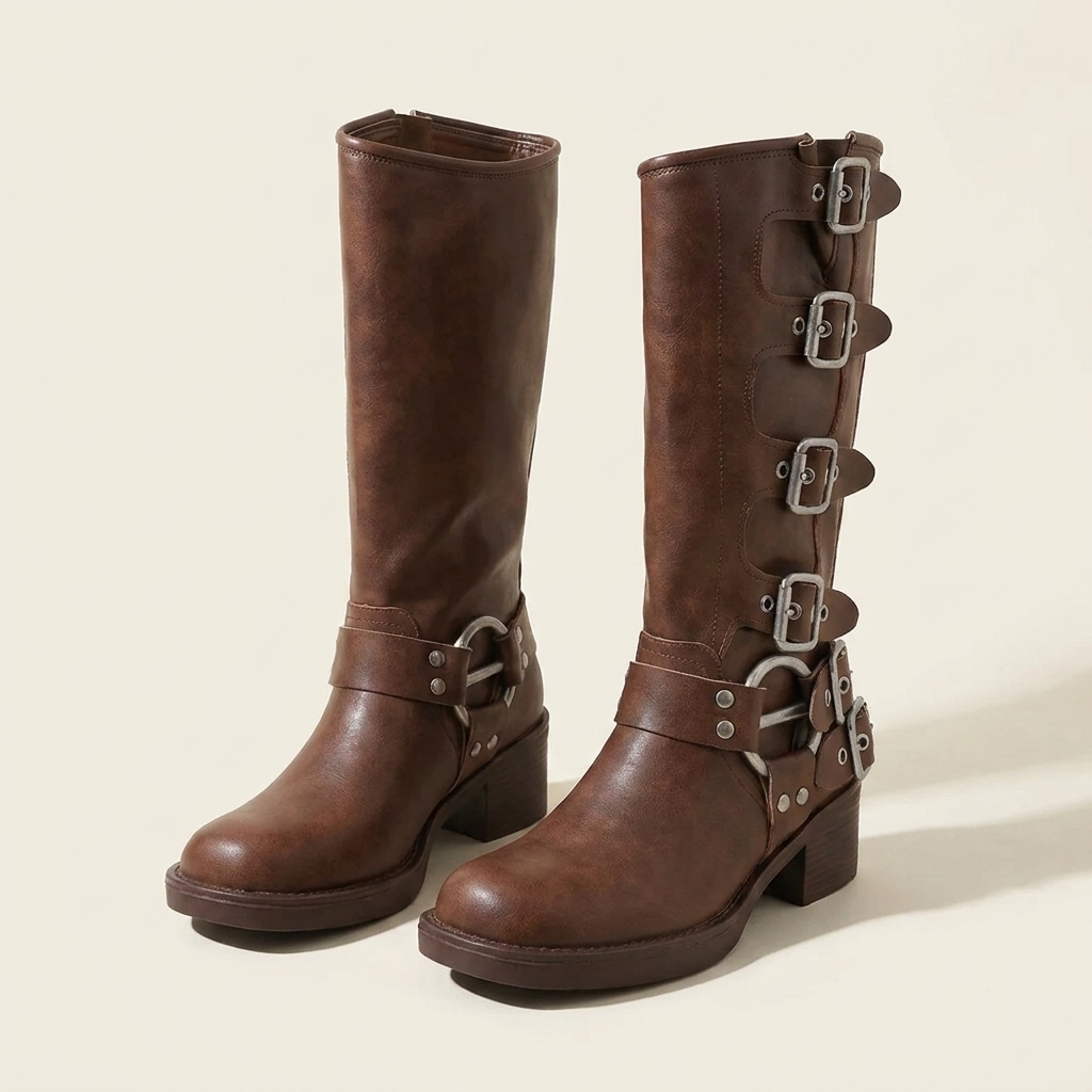 CleanGirlStore Round Toe Block Heels Boots - Brown - Pair Front