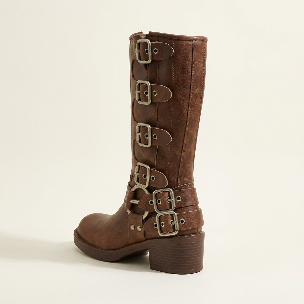 CleanGirlStore Round Toe Block Heels Boots - Brown - Back