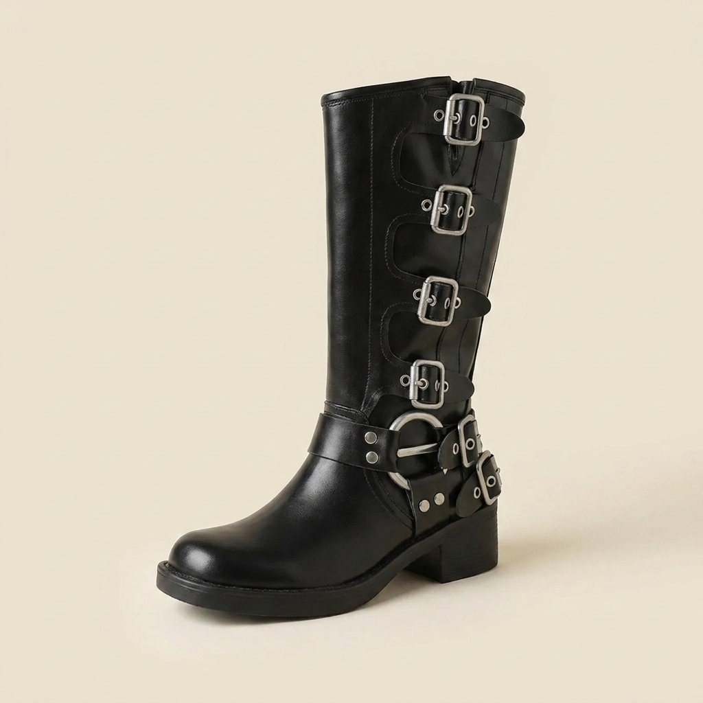 CleanGirlStore Round Toe Block Heels Boots - Black - Single Front