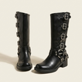 CleanGirlStore Round Toe Block Heels Boots - Black - Pair Front