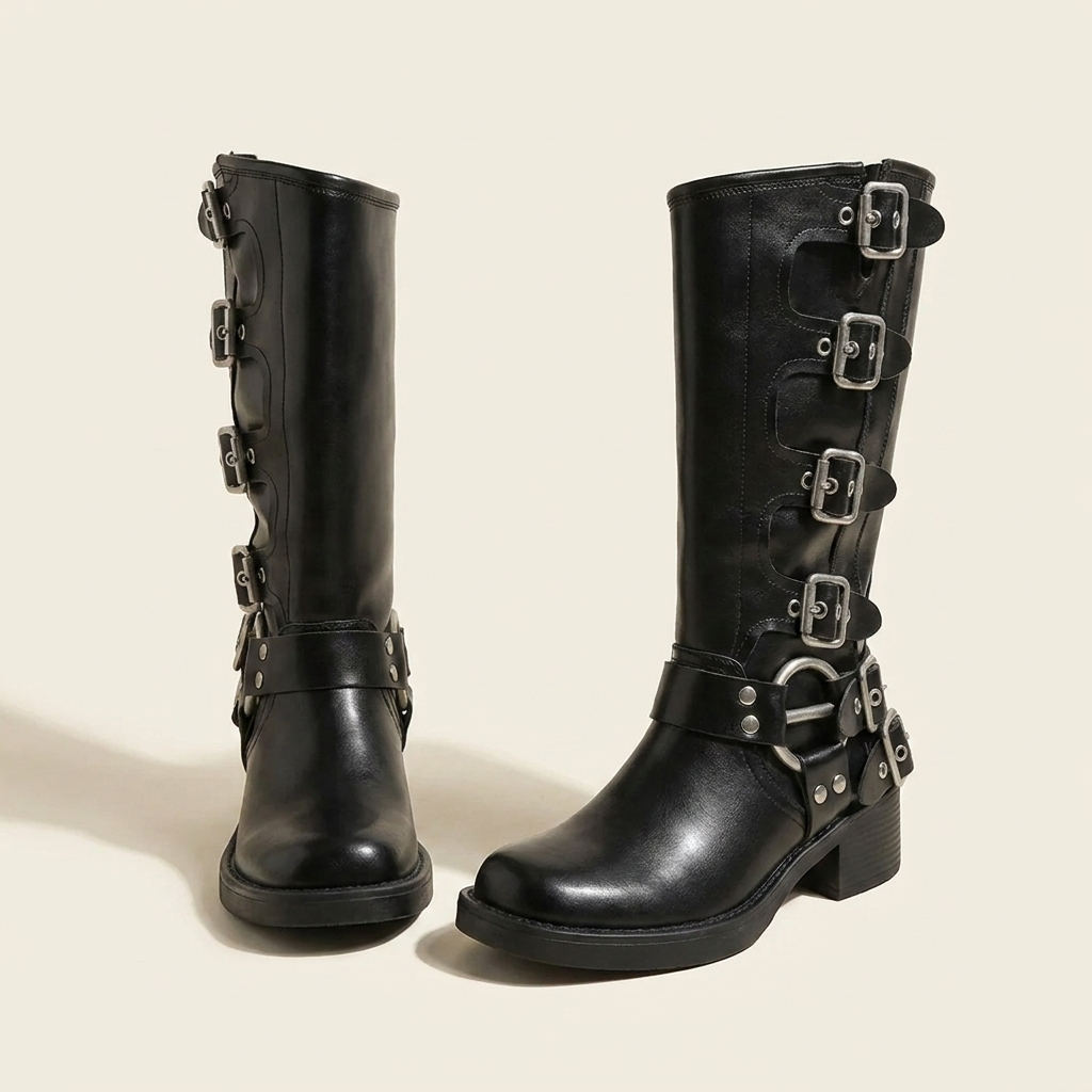 CleanGirlStore Round Toe Block Heels Boots - Black - Pair Front
