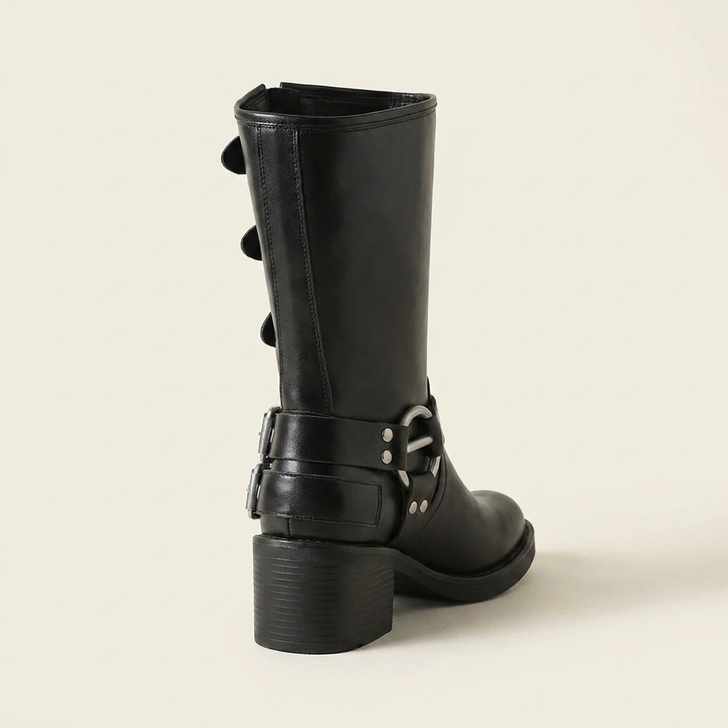 CleanGirlStore Round Toe Block Heels Boots - Black - Back
