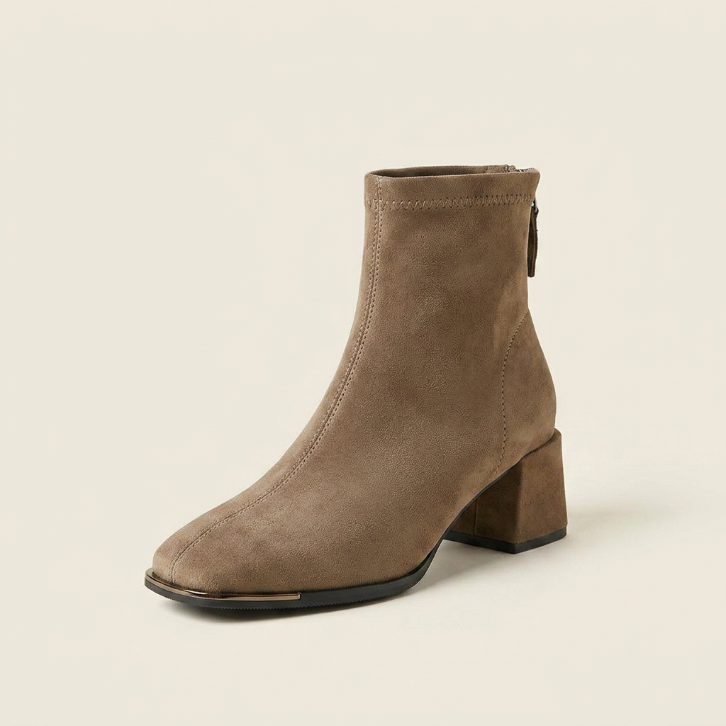 CleanGirlStore Square Toe Block Heels Boots - Khaki - Single Front