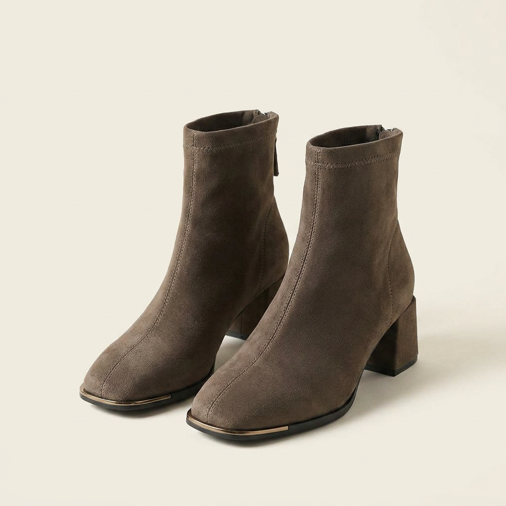 CleanGirlStore Square Toe Block Heels Boots - Khaki - Pair Front