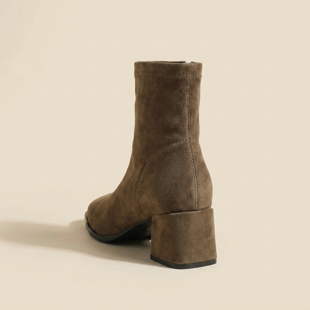 CleanGirlStore Square Toe Block Heels Boots - Khaki - Back