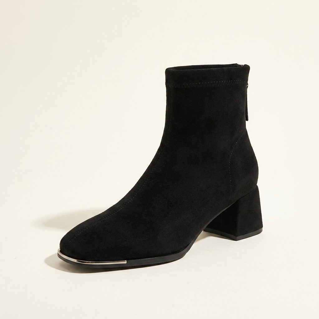 CleanGirlStore Square Toe Block Heels Boots - Black - Single Front