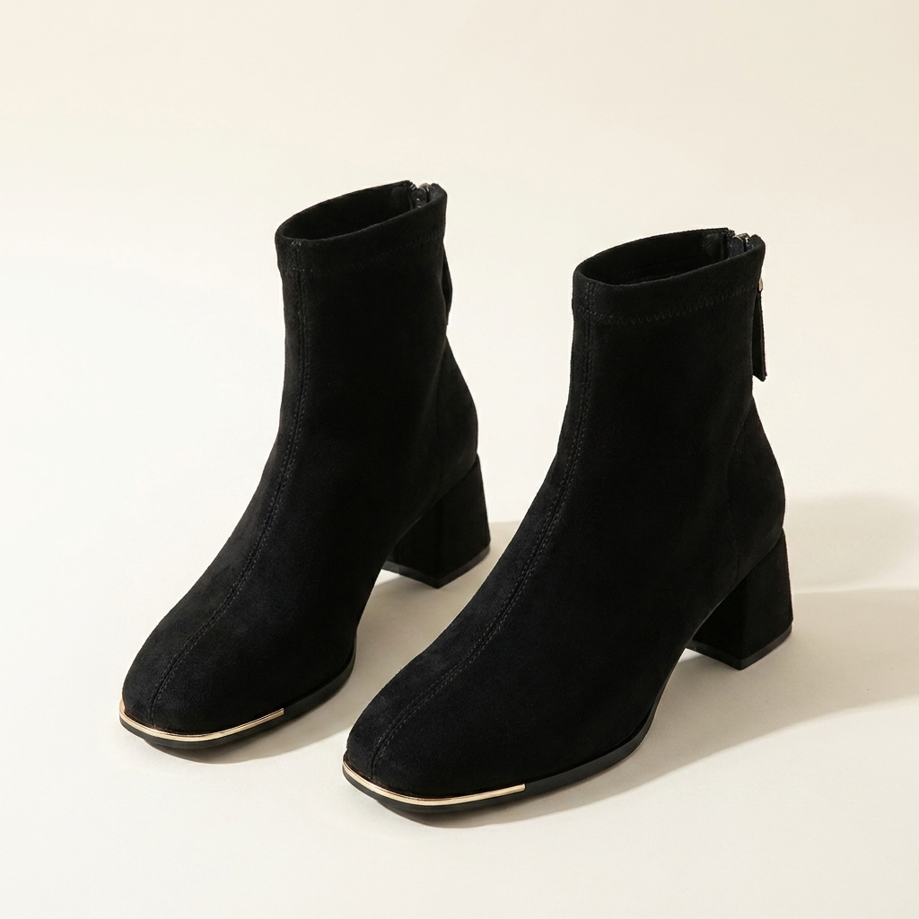 CleanGirlStore Square Toe Block Heels Boots - Black - Pair Front