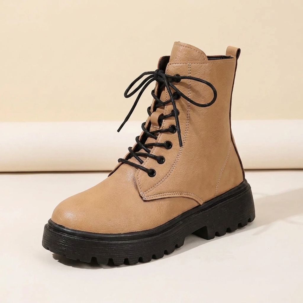 CleanGirlStore Lace-Up Ankle Combat Boots - Khaki - Single Front
