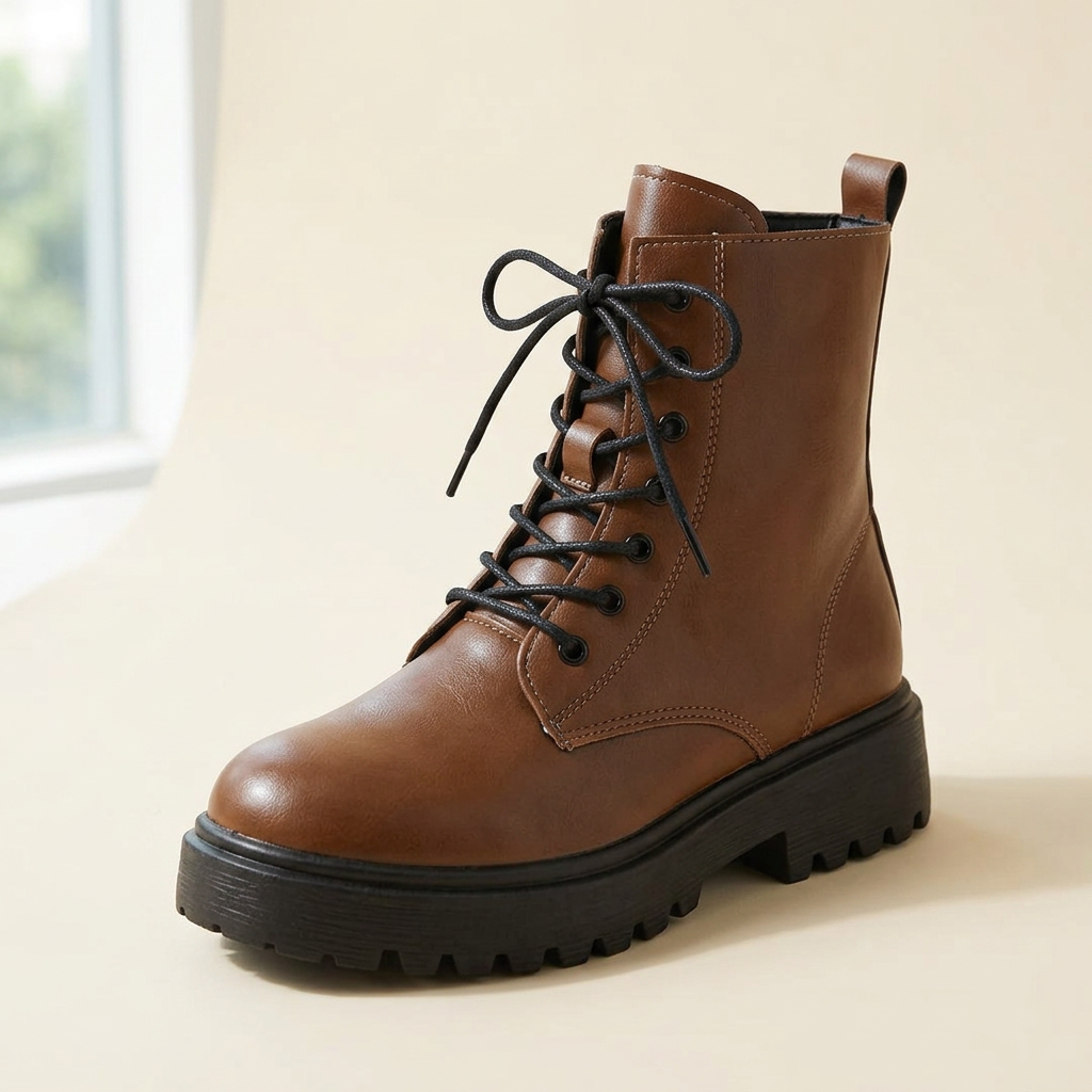 CleanGirlStore Lace-Up Ankle Combat Boots - Brown - Single Front