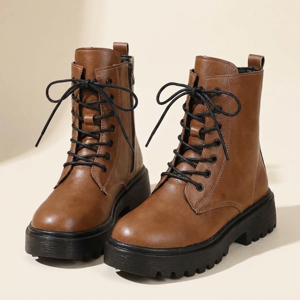 CleanGirlStore Lace-Up Ankle Combat Boots - Brown - Pair Front