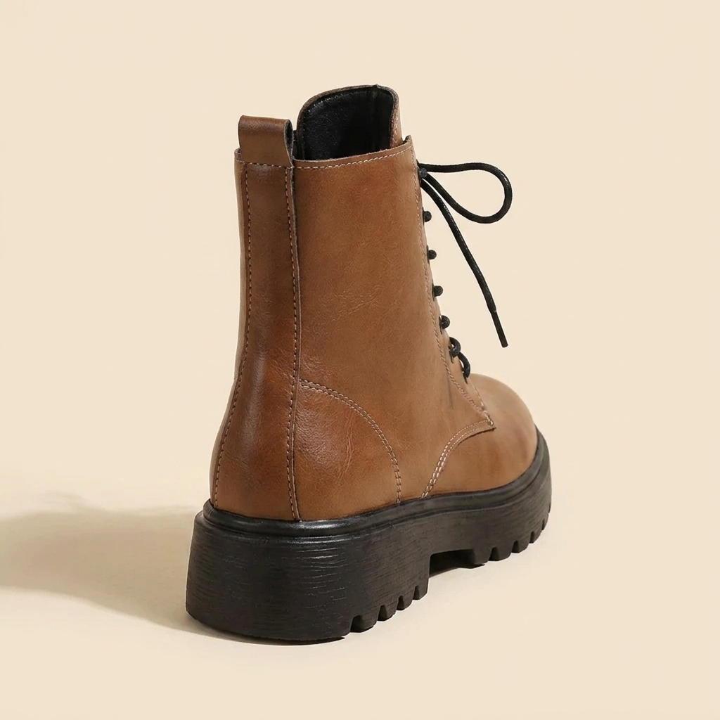 CleanGirlStore Lace-Up Ankle Combat Boots - Brown - Back