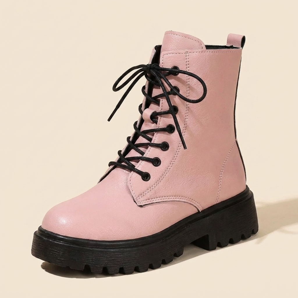 CleanGirlStore Lace-Up Ankle Combat Boots - Pink - Single Front