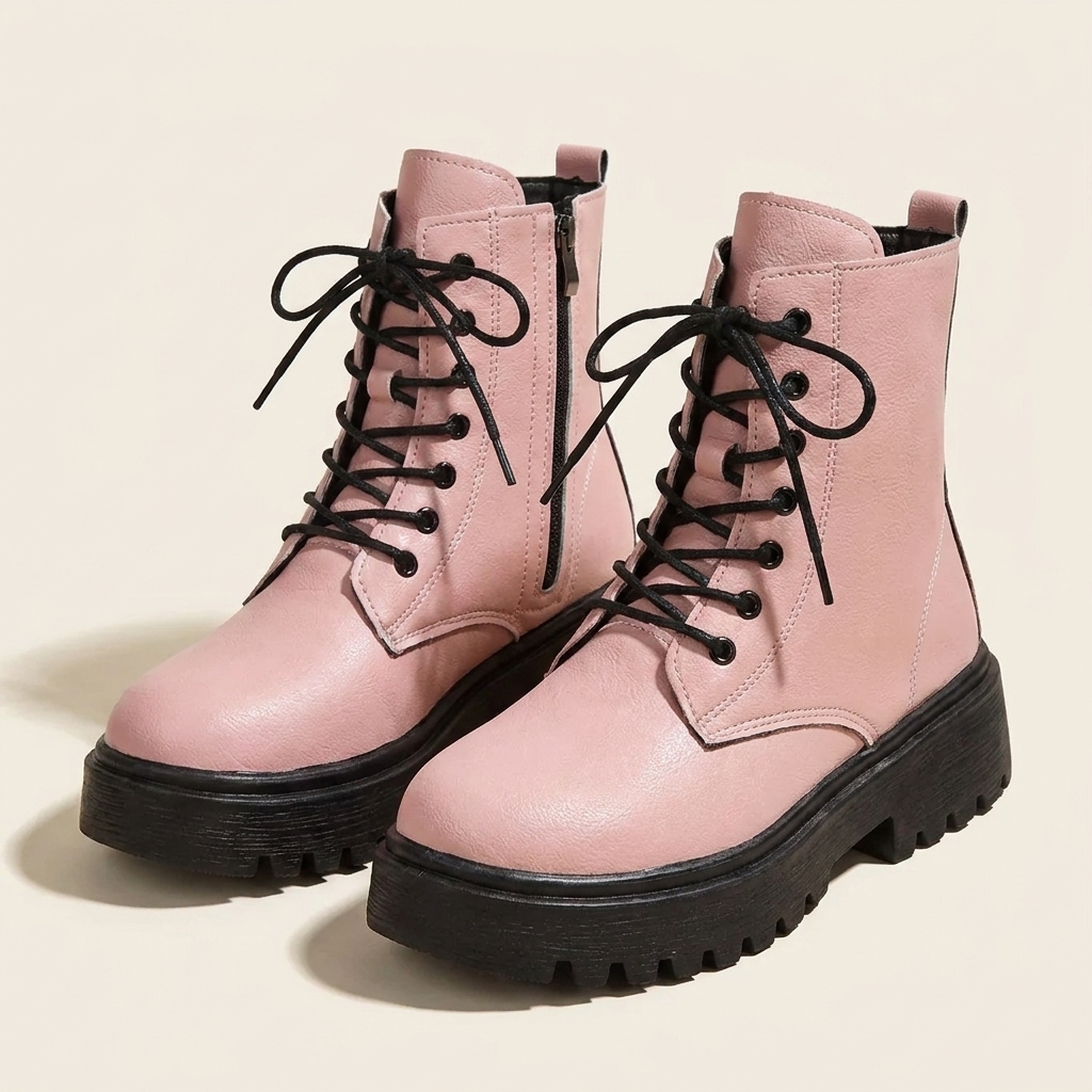 CleanGirlStore Lace-Up Ankle Combat Boots - Pink - Pair Front