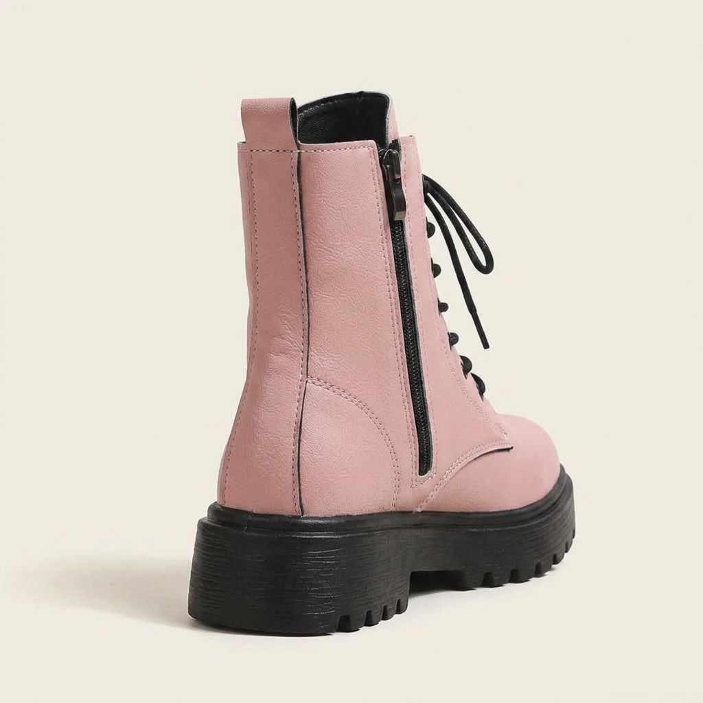 CleanGirlStore Lace-Up Ankle Combat Boots - Pink - Back