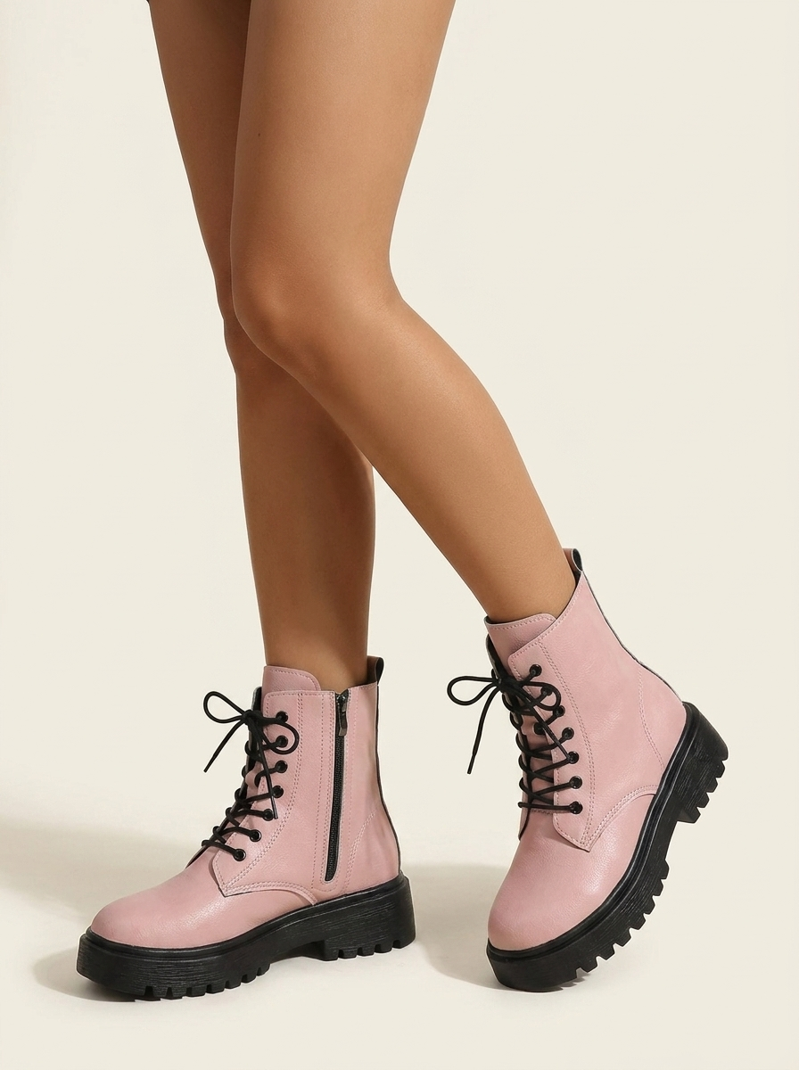 CleanGirlStore Lace-Up Ankle Combat Boots - Pink - Worn On Model