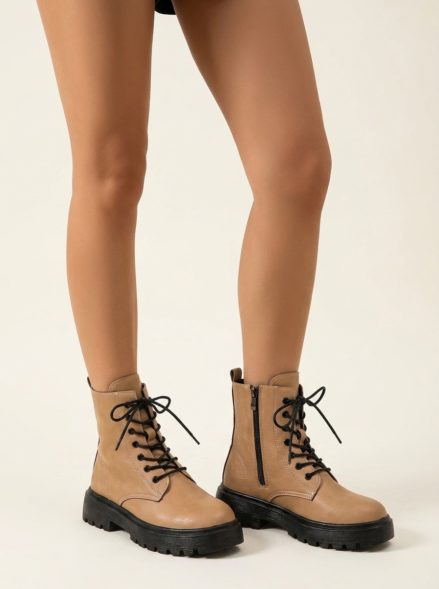 CleanGirlStore Lace-Up Ankle Combat Boots - Khaki - Worn On Model