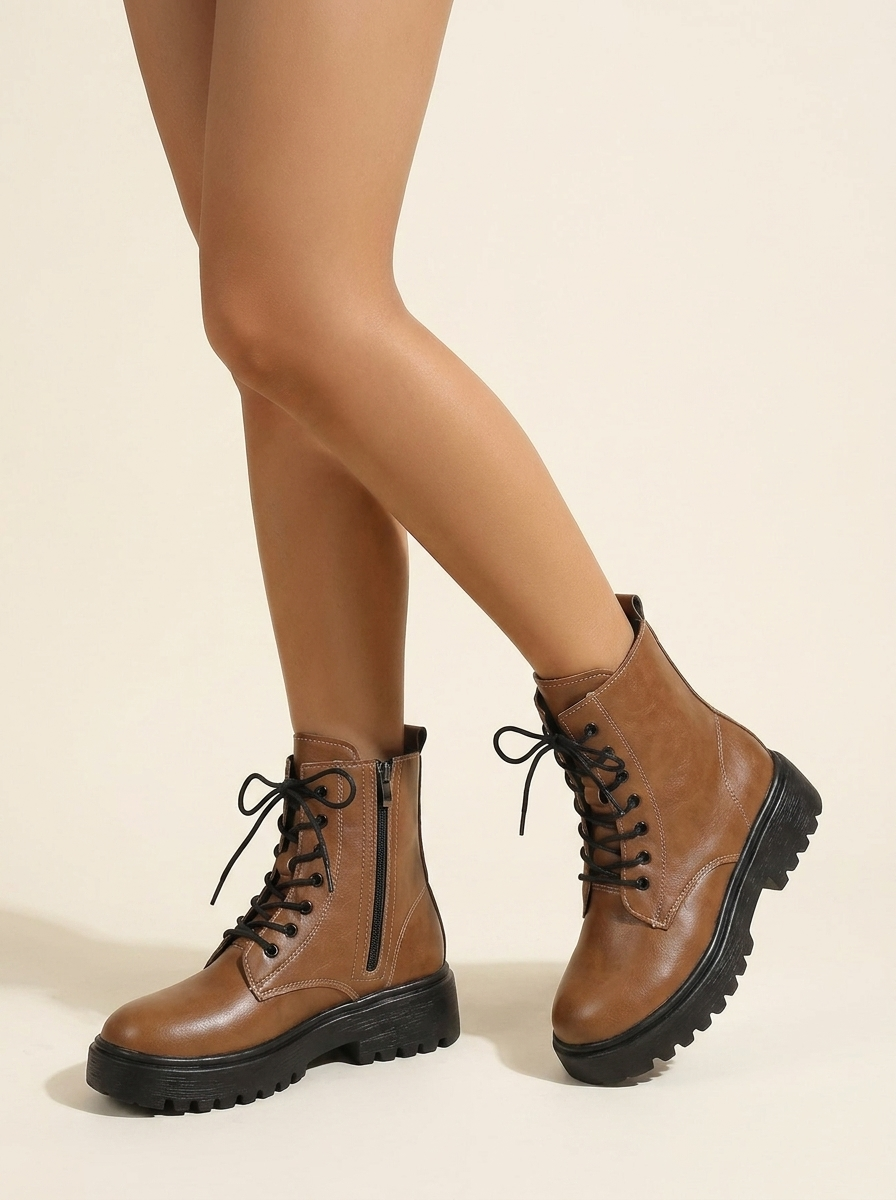 CleanGirlStore Lace-Up Ankle Combat Boots - Brown - Worn On Model