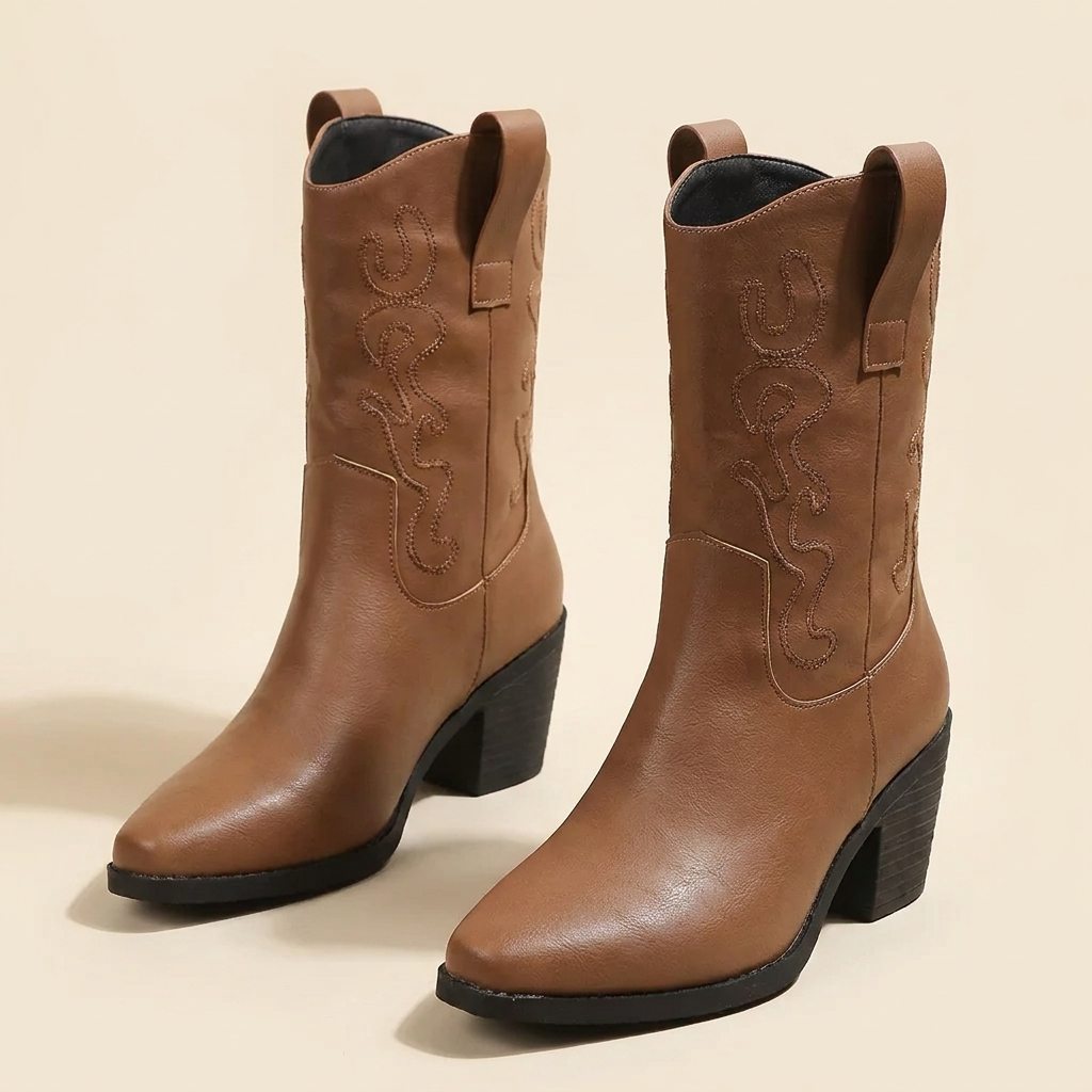 CleanGirlStore Point Toe Block Heels Boots - Tan - Front